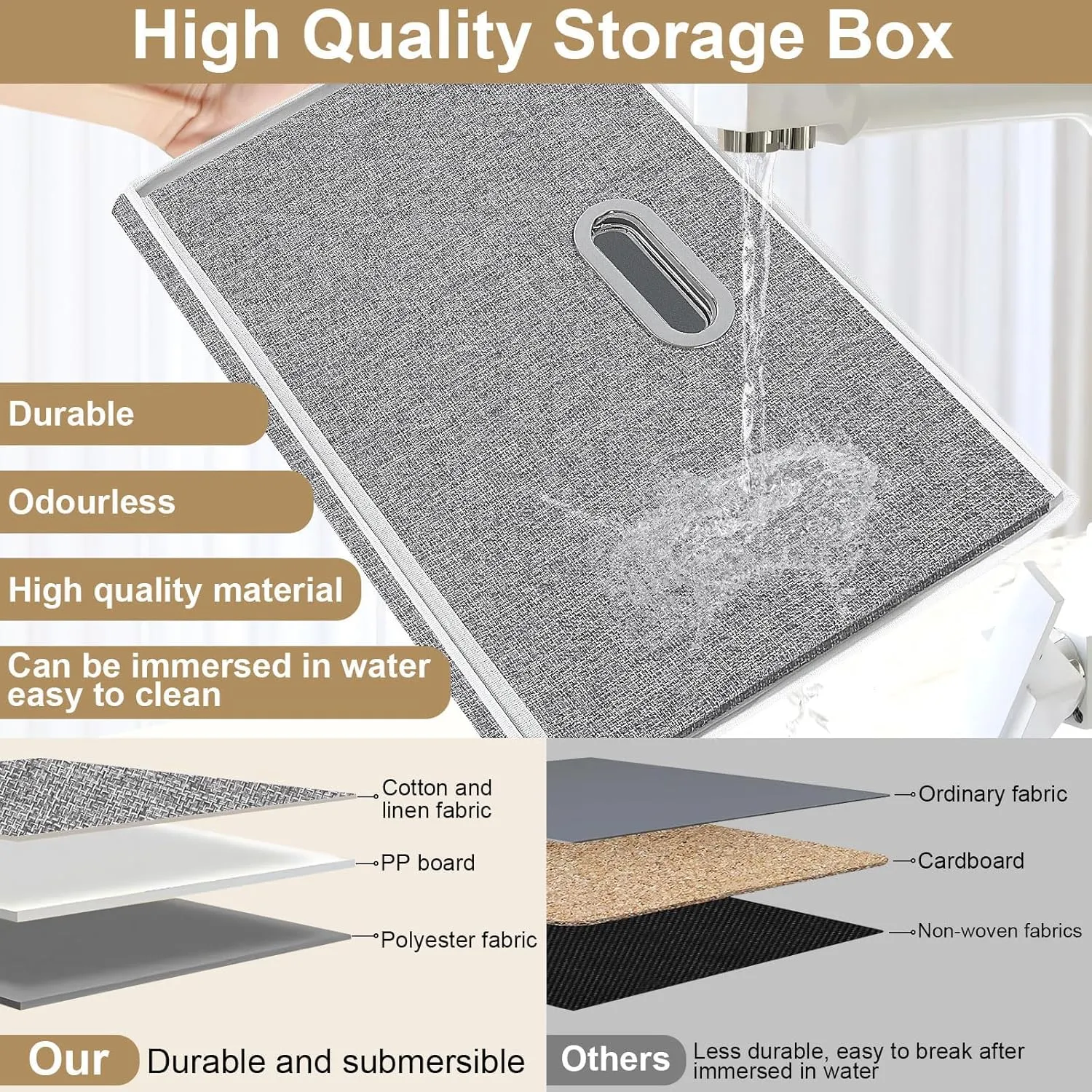 Yawinhe Storage Bins with Lids, Decorative Boxes Comes with 2 Metal Handles, Waterproof Organizer Basket, Closet Containers, Gray, 15''Lx9.8''Wx9.8''H, 3-Pack