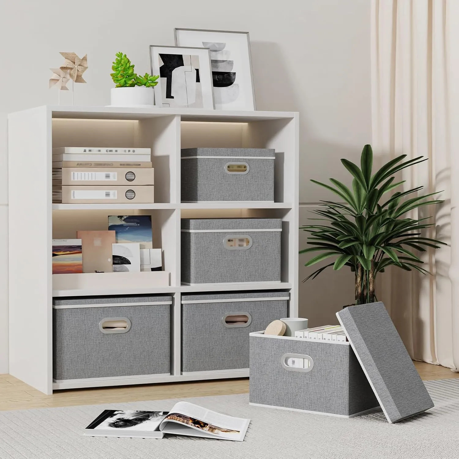 Yawinhe Storage Bins with Lids, Decorative Boxes Comes with 2 Metal Handles, Waterproof Organizer Basket, Closet Containers, Gray, 15''Lx9.8''Wx9.8''H, 3-Pack