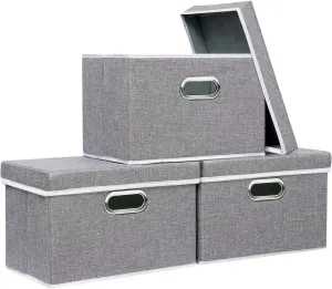 Yawinhe Storage Bins with Lids, Decorative Boxes Comes with 2 Metal Handles, Waterproof Organizer Basket, Closet Containers, Gray, 15''Lx9.8''Wx9.8''H, 3-Pack