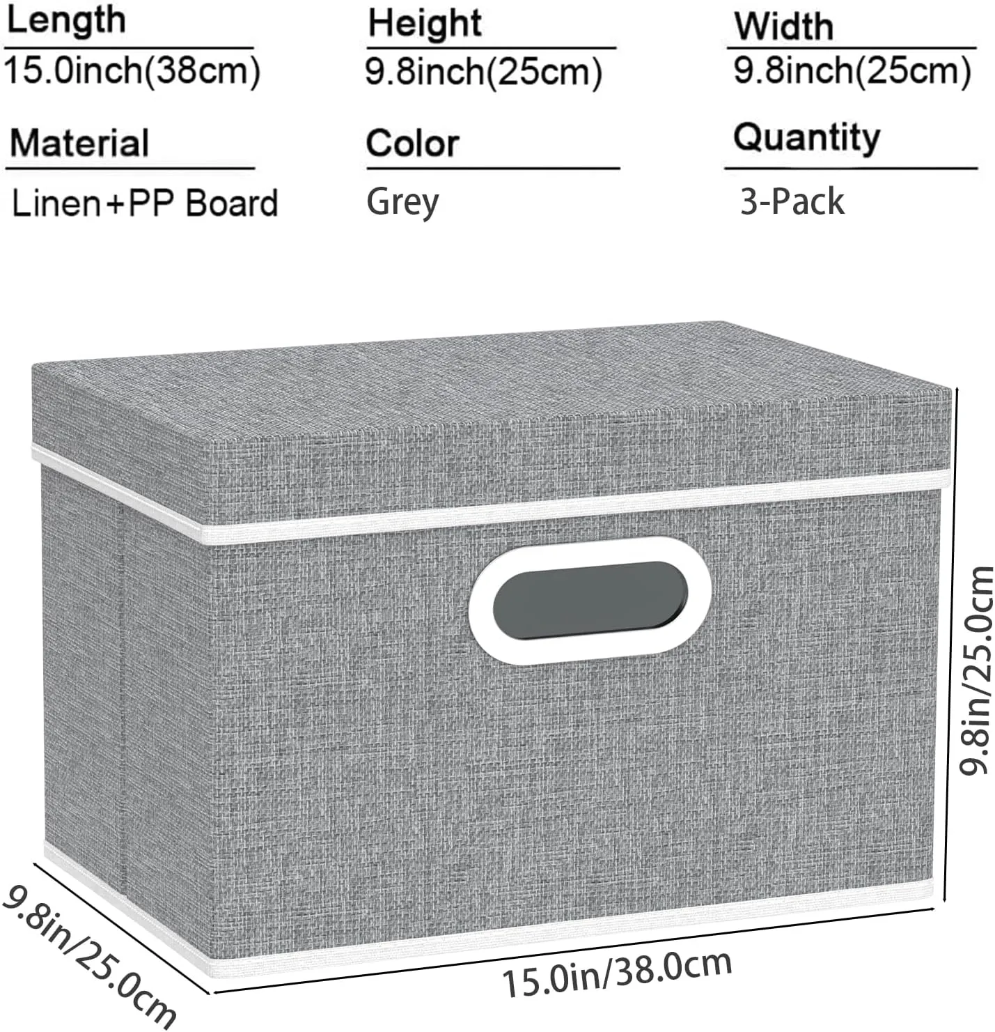 Yawinhe Storage Bins with Lids, Decorative Boxes Comes with 2 Metal Handles, Waterproof Organizer Basket, Closet Containers, Gray, 15''Lx9.8''Wx9.8''H, 3-Pack