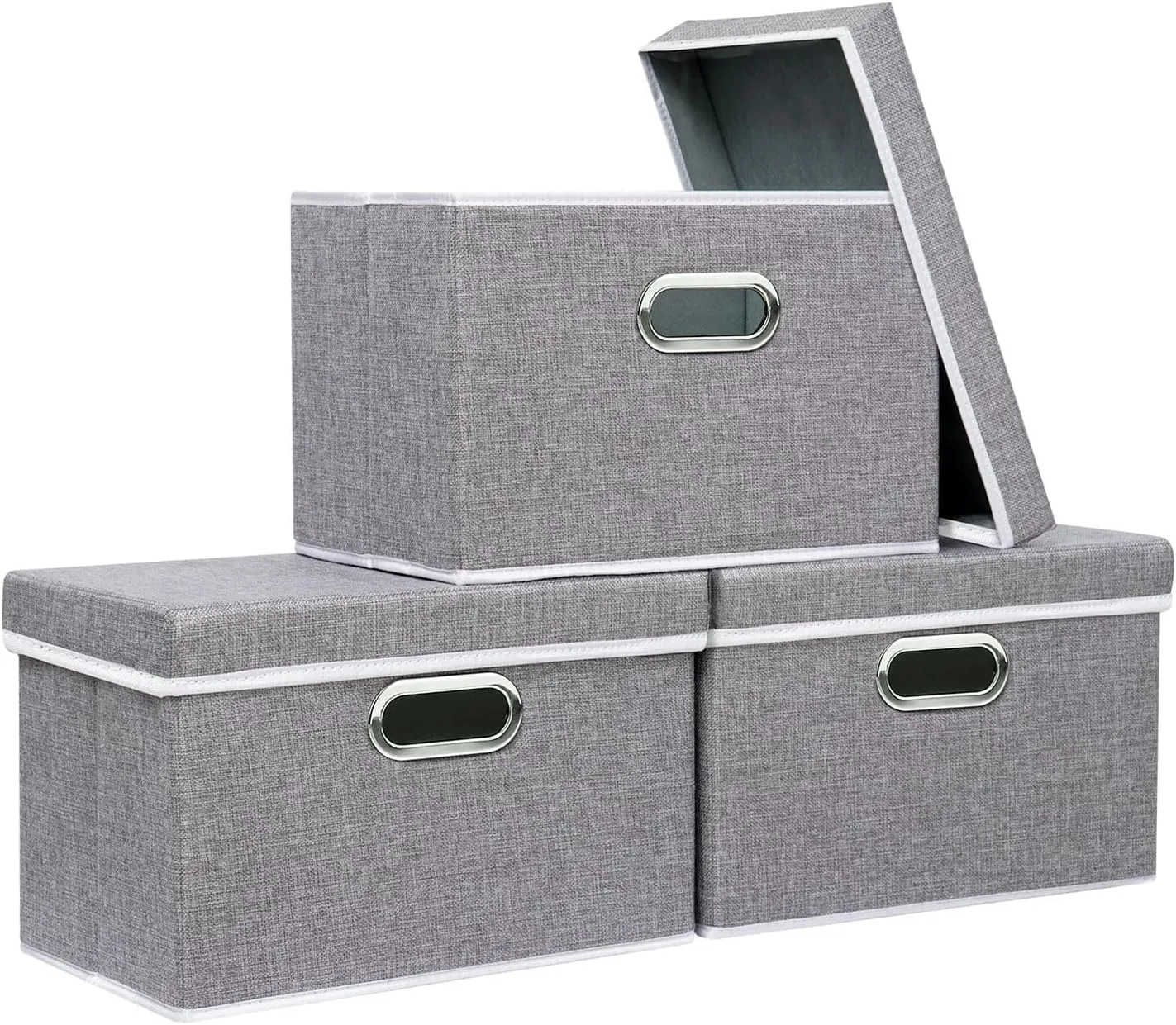 Yawinhe Storage Bins with Lids, Decorative Boxes Comes with 2 Metal Handles, Waterproof Organizer Basket, Closet Containers, Gray, 15''Lx9.8''Wx9.8''H, 3-Pack
