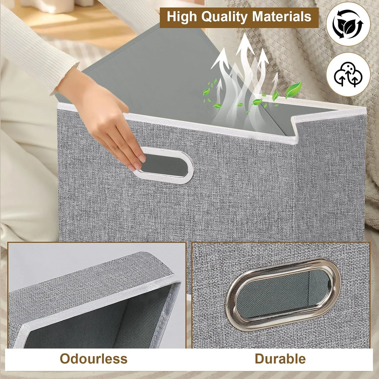 Yawinhe Storage Bins with Lids, Decorative Boxes Comes with 2 Metal Handles, Waterproof Organizer Basket, Closet Containers, Gray, 15''Lx9.8''Wx9.8''H, 3-Pack
