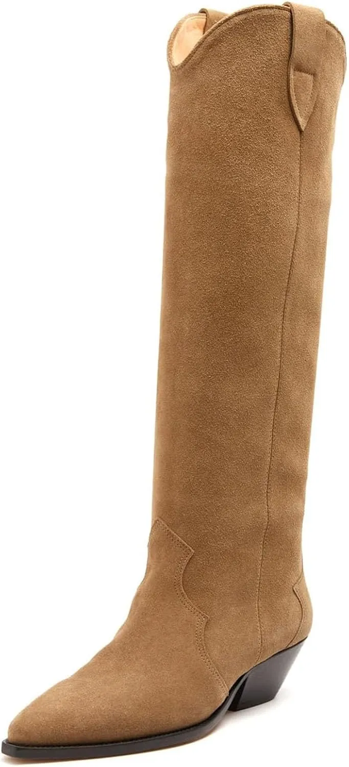 Yishaweiqi Camel Suede Knee High Boots for Women Snip Toe Chunky Heel Cowboy Cowgirl Boots Ladies Fall Wide Calf Tall Boots