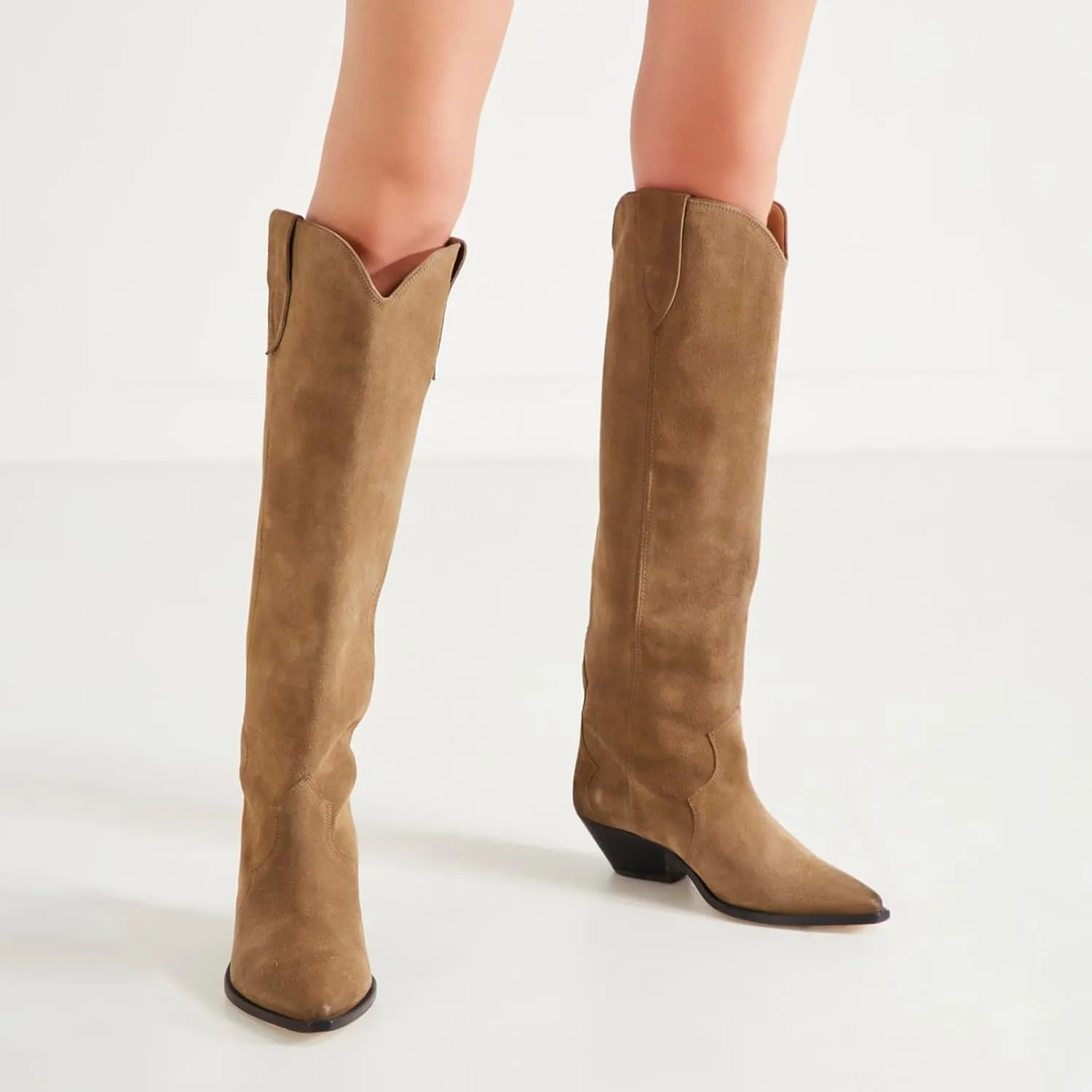 Yishaweiqi Camel Suede Knee High Boots for Women Snip Toe Chunky Heel Cowboy Cowgirl Boots Ladies Fall Wide Calf Tall Boots