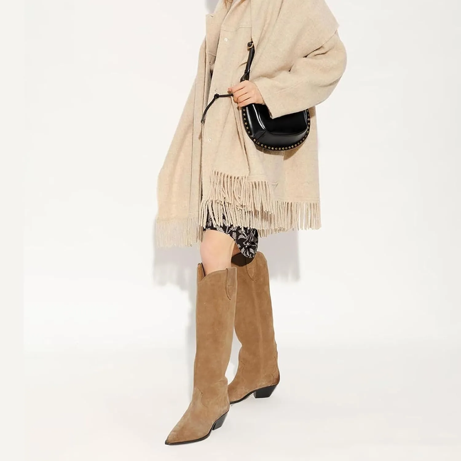 Yishaweiqi Camel Suede Knee High Boots for Women Snip Toe Chunky Heel Cowboy Cowgirl Boots Ladies Fall Wide Calf Tall Boots