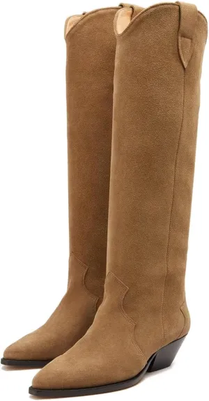 Yishaweiqi Camel Suede Knee High Boots for Women Snip Toe Chunky Heel Cowboy Cowgirl Boots Ladies Fall Wide Calf Tall Boots