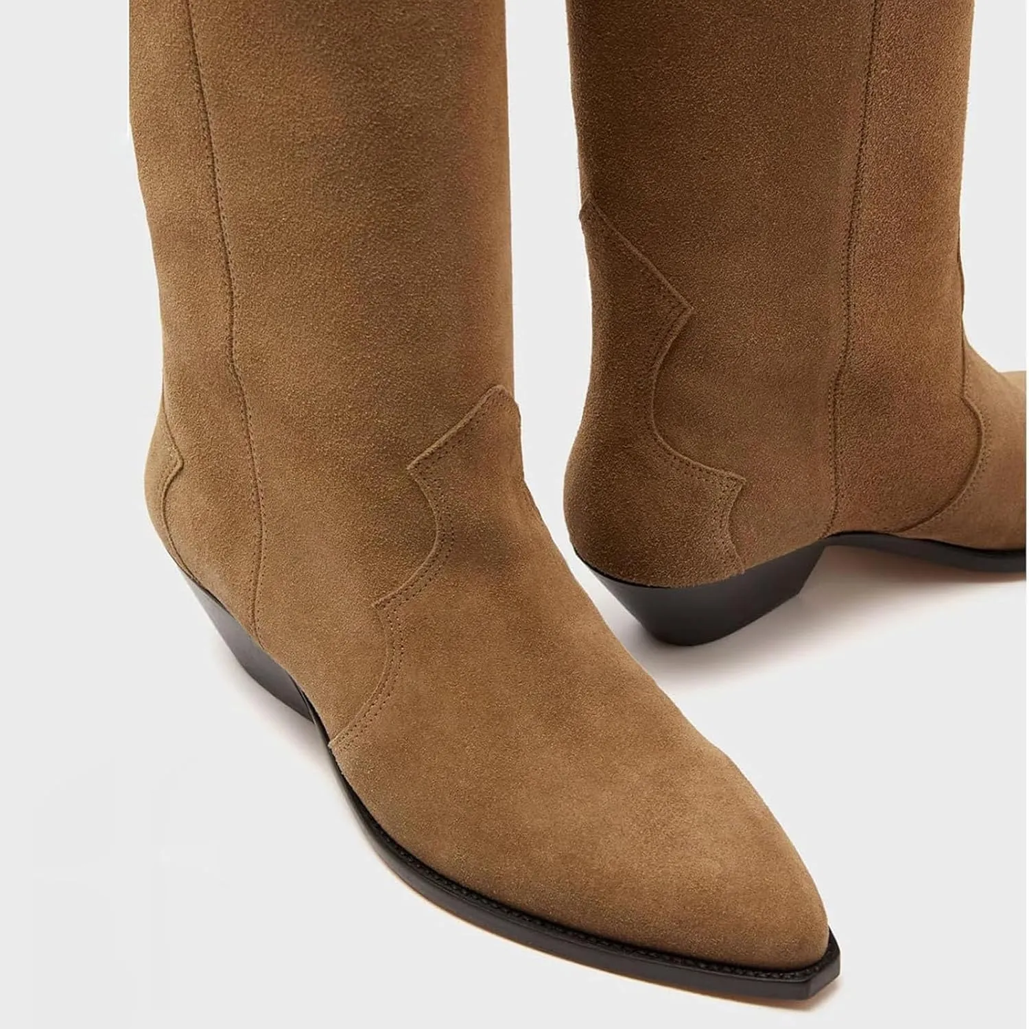 Yishaweiqi Camel Suede Knee High Boots for Women Snip Toe Chunky Heel Cowboy Cowgirl Boots Ladies Fall Wide Calf Tall Boots