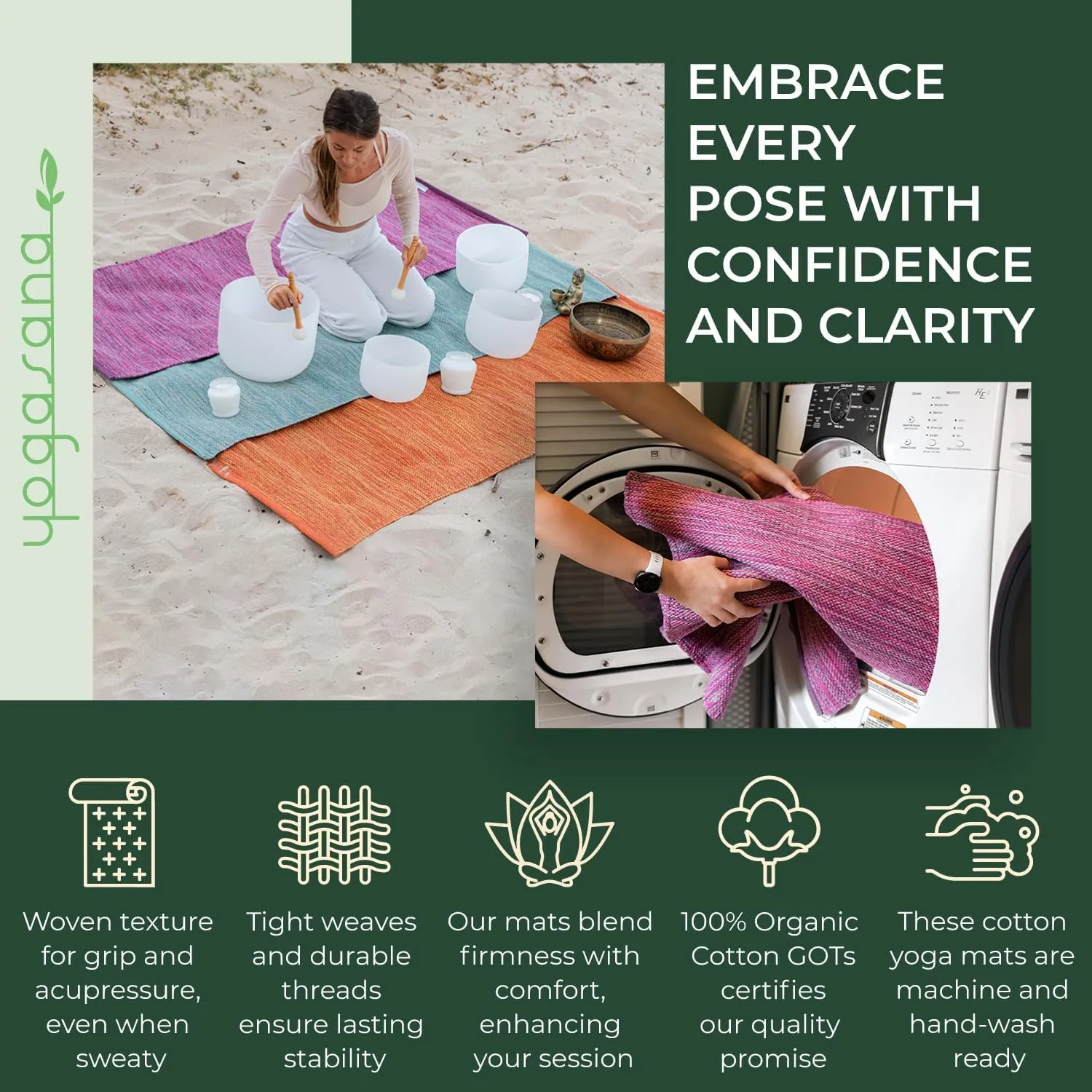 Yogasana Organic Cotton Yoga Mat - Non Slip Hand-Woven Foldable Yoga Rug Provides Excellent Comfort, Traction & Support - Travel Extra Thick Yoga Mats for Indoor & Outdoor Use - 24 x 72 Inches