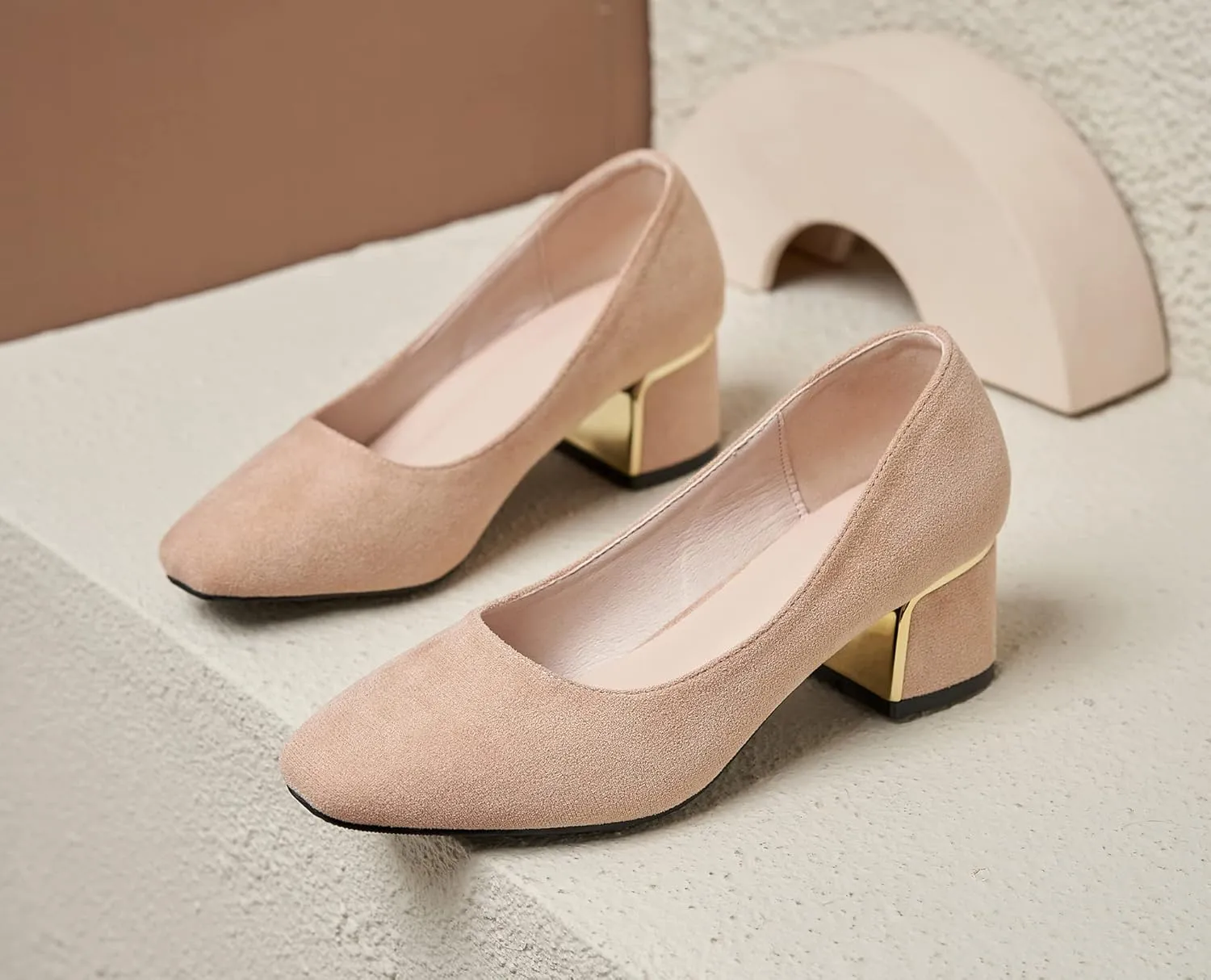 YooPrettyz Women Classic Slip On Office Wear Square Toe Block Heel Suede Daily Leather Metallic Chunky Low Heels