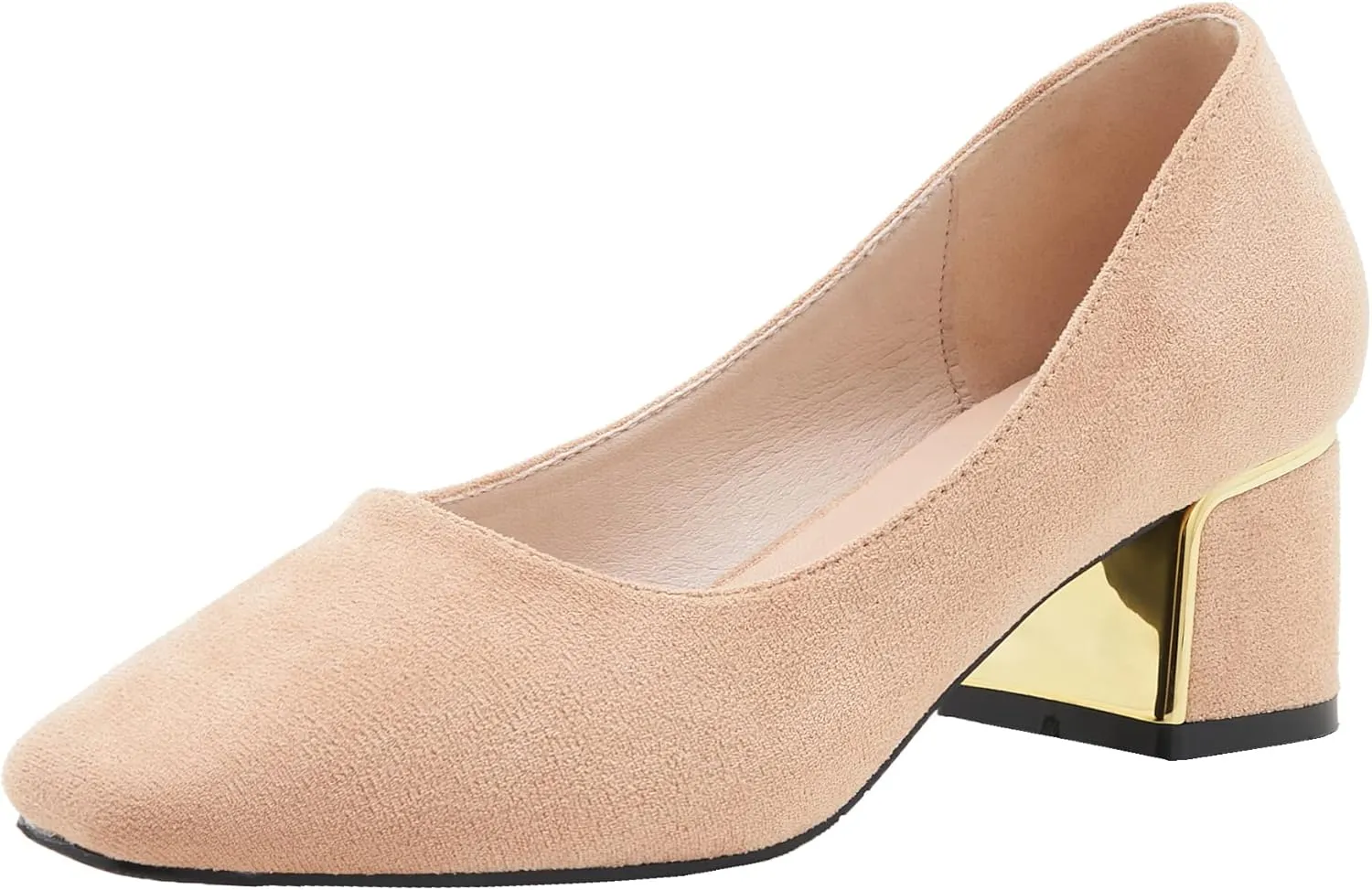 YooPrettyz Women Classic Slip On Office Wear Square Toe Block Heel Suede Daily Leather Metallic Chunky Low Heels