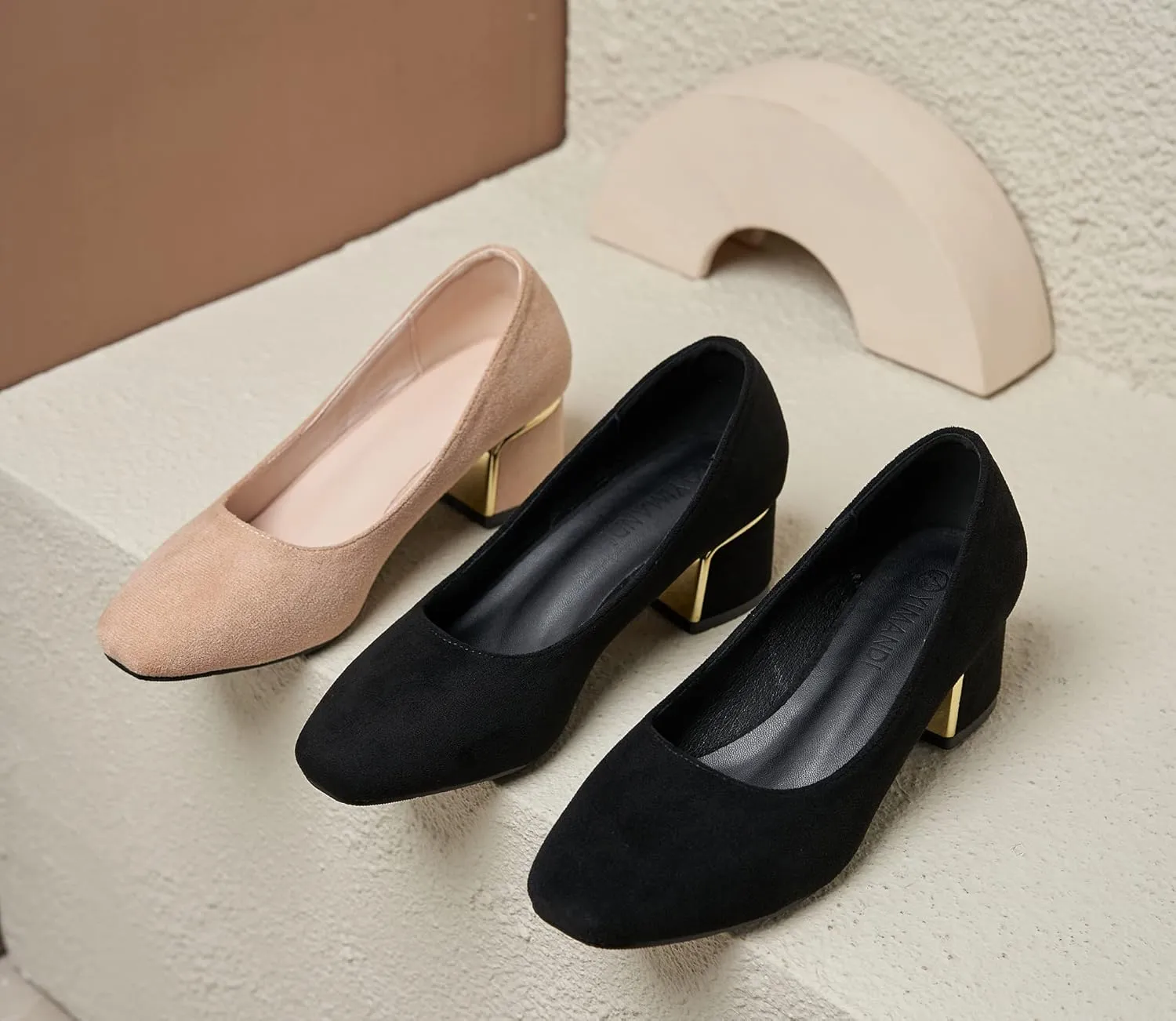 YooPrettyz Women Classic Slip On Office Wear Square Toe Block Heel Suede Daily Leather Metallic Chunky Low Heels