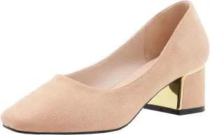 YooPrettyz Women Classic Slip On Office Wear Square Toe Block Heel Suede Daily Leather Metallic Chunky Low Heels