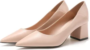 YooPrettyz Women Pointed Toe Dressy Pumps Sleek Leather Office Low Heels Go to Pumps Foldable Block Heels