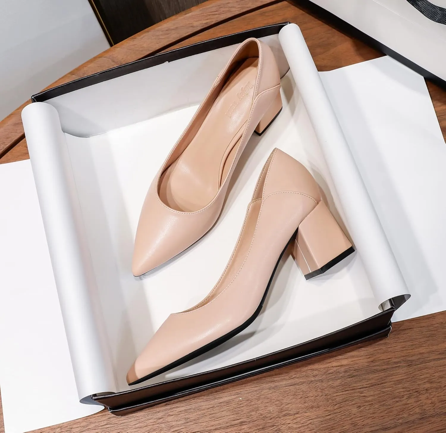 YooPrettyz Women Pointed Toe Dressy Pumps Sleek Leather Office Low Heels Go to Pumps Foldable Block Heels