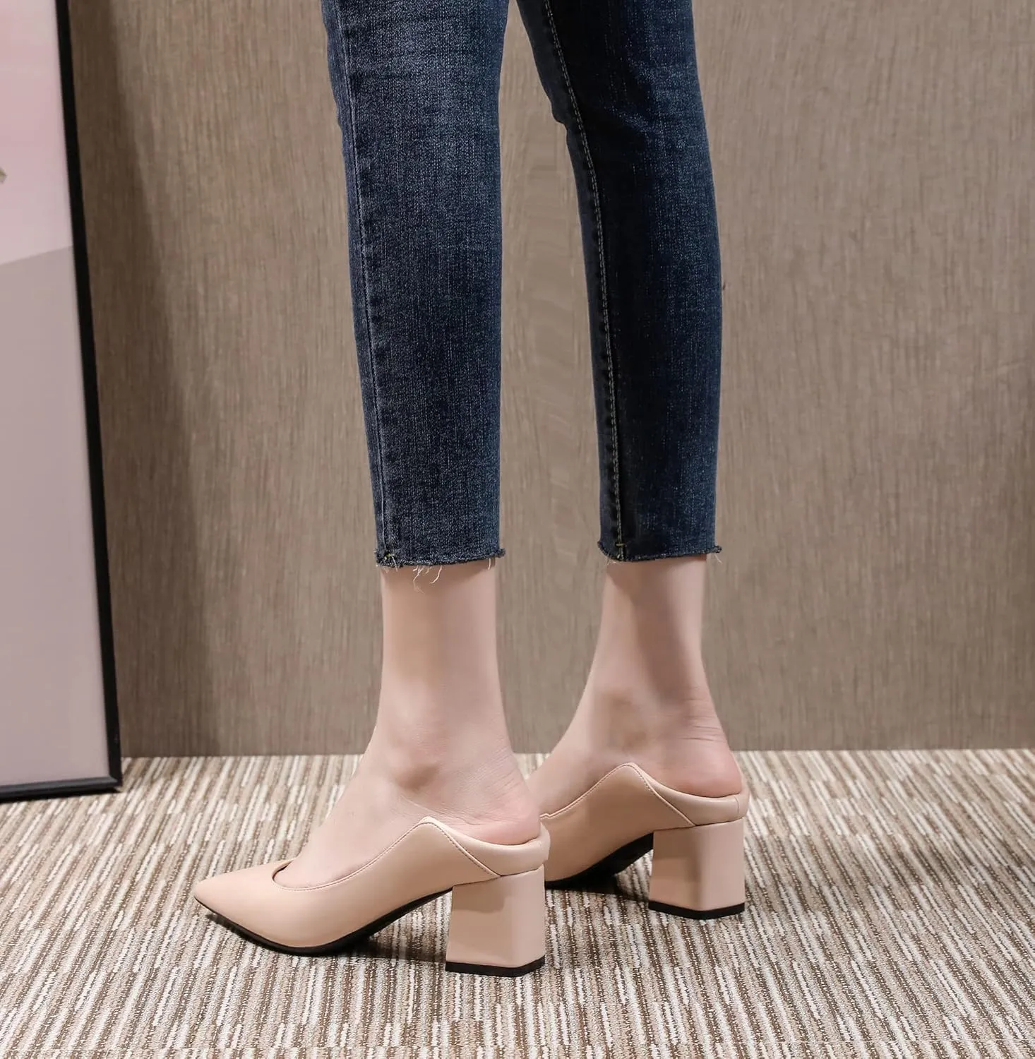 YooPrettyz Women Pointed Toe Dressy Pumps Sleek Leather Office Low Heels Go to Pumps Foldable Block Heels