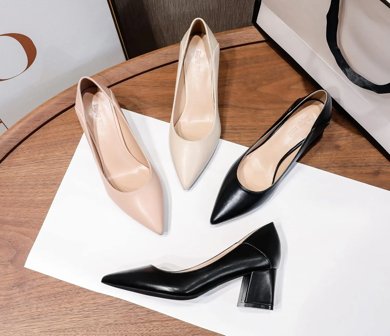 YooPrettyz Women Pointed Toe Dressy Pumps Sleek Leather Office Low Heels Go to Pumps Foldable Block Heels