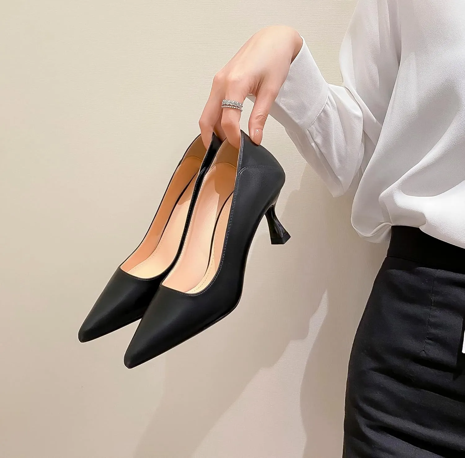 YooPrettyz Women's Pointed Toe Leather Slip On Kitten Low Heel Pumps Office Work Dress Foldable Shoes 2 Inch