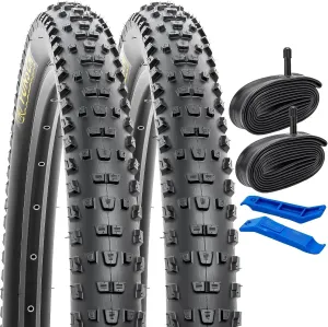 YUNSCM 2-PCS 26" Mountain Bike Tires 26x2.25/57-559 and 26" Heavy Duty Bike Tubes Schrader Valve Compatible with Off Road Bike 26x2.125 26x2.20 26x2.25 26x2.30 Bicycle Tires and Tubes(Y-702)