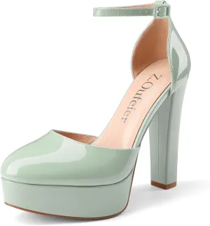 Z.Oufeier Womens Platform Chunky High Heels Patent Leather Buckle Closed Round Toe Ankle Strap Party Sexy Wedding Block High Heel Pumps Dress Shoes 5 Inch