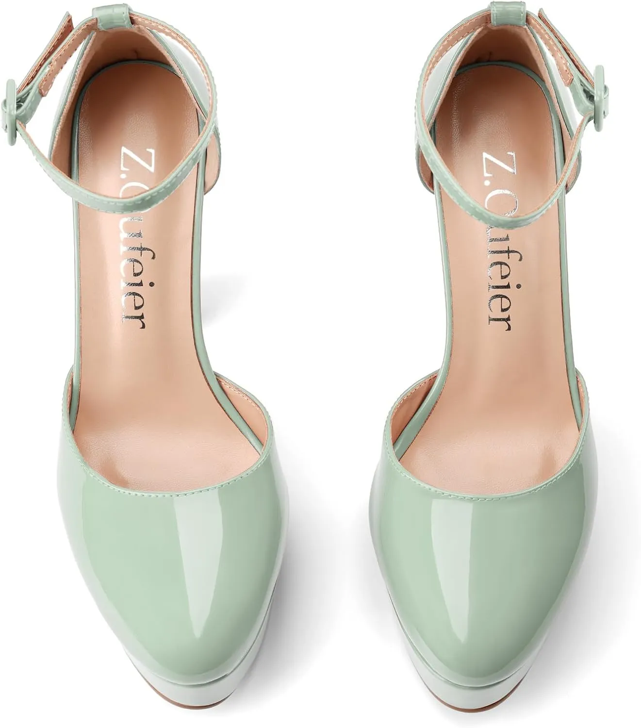 Z.Oufeier Womens Platform Chunky High Heels Patent Leather Buckle Closed Round Toe Ankle Strap Party Sexy Wedding Block High Heel Pumps Dress Shoes 5 Inch