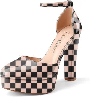 Z.Oufeier Womens Platform Chunky High Heels Patent Leather Buckle Closed Round Toe Ankle Strap Party Sexy Wedding Block High Heel Pumps Dress Shoes 5 Inch
