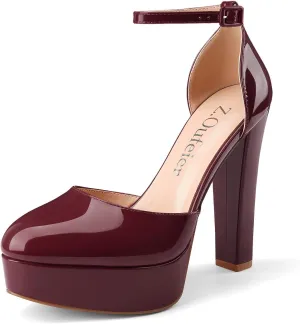 Z.Oufeier Womens Platform Chunky High Heels Patent Leather Buckle Closed Round Toe Ankle Strap Party Sexy Wedding Block High Heel Pumps Dress Shoes 5 Inch