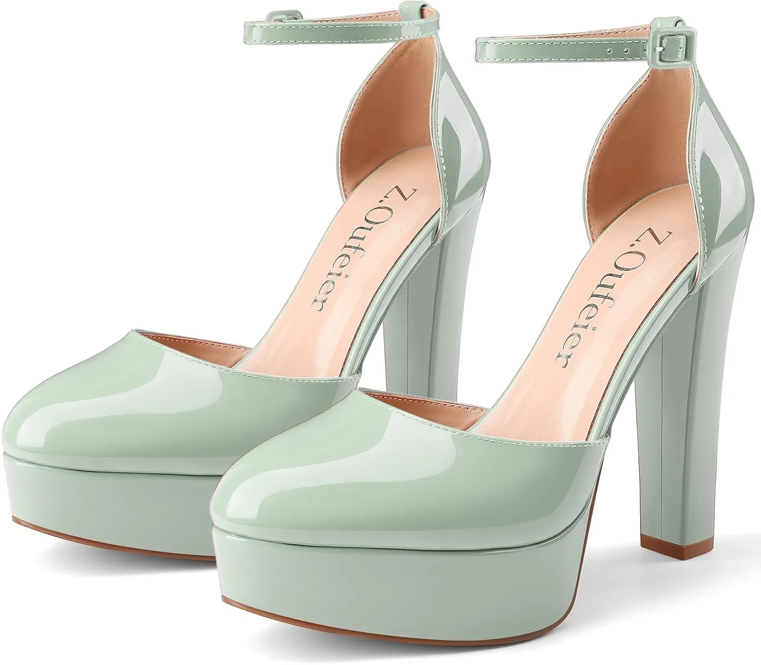 Z.Oufeier Womens Platform Chunky High Heels Patent Leather Buckle Closed Round Toe Ankle Strap Party Sexy Wedding Block High Heel Pumps Dress Shoes 5 Inch