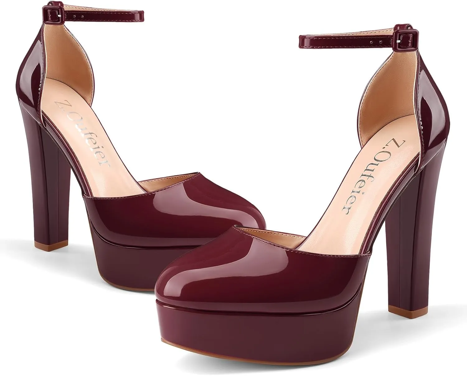 Z.Oufeier Womens Platform Chunky High Heels Patent Leather Buckle Closed Round Toe Ankle Strap Party Sexy Wedding Block High Heel Pumps Dress Shoes 5 Inch
