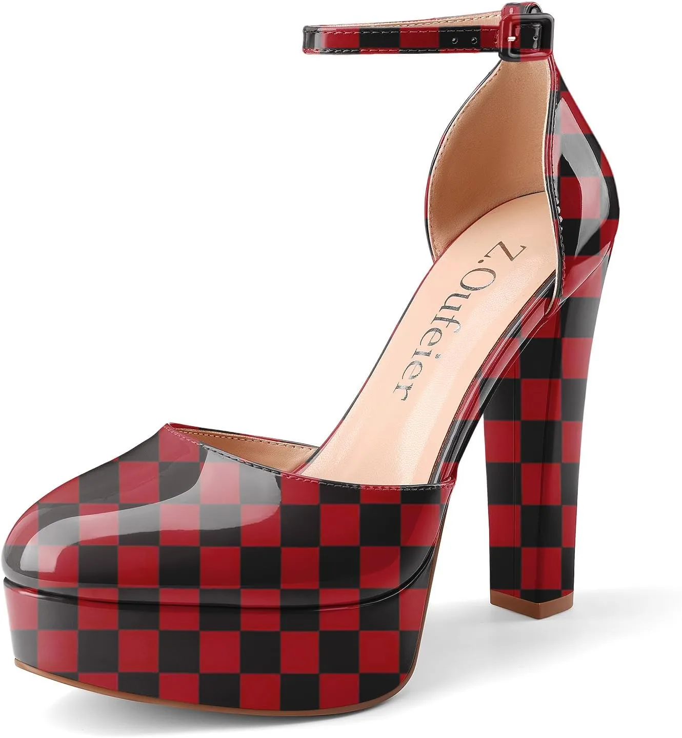 Z.Oufeier Womens Platform Chunky High Heels Patent Leather Buckle Closed Round Toe Ankle Strap Party Sexy Wedding Block High Heel Pumps Dress Shoes 5 Inch
