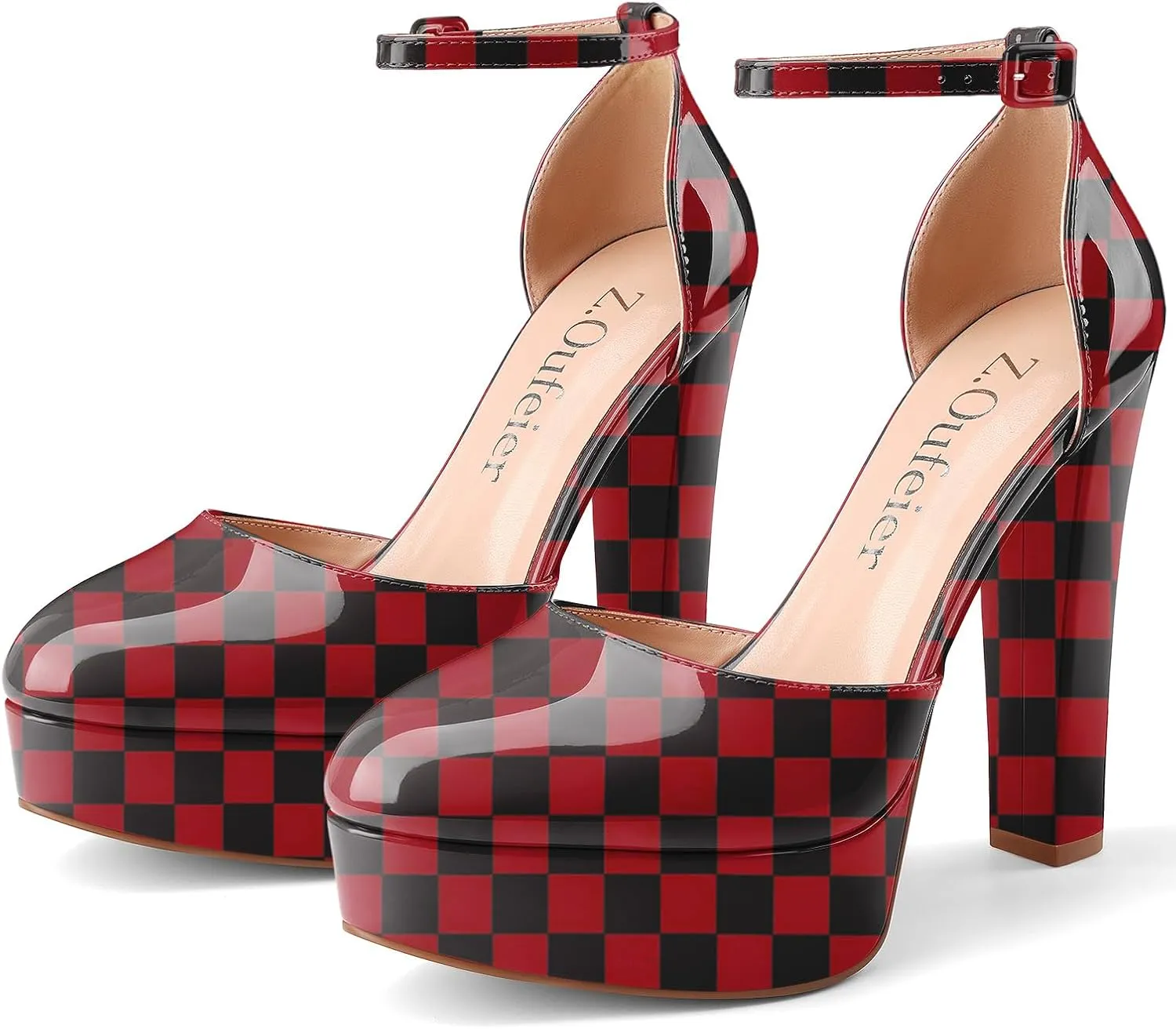 Z.Oufeier Womens Platform Chunky High Heels Patent Leather Buckle Closed Round Toe Ankle Strap Party Sexy Wedding Block High Heel Pumps Dress Shoes 5 Inch
