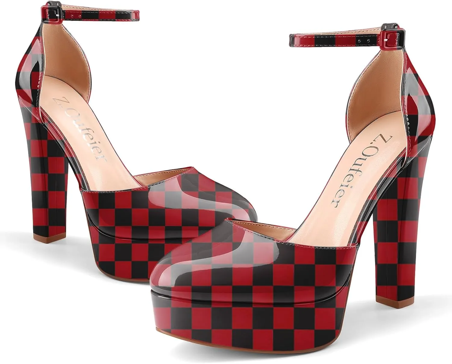 Z.Oufeier Womens Platform Chunky High Heels Patent Leather Buckle Closed Round Toe Ankle Strap Party Sexy Wedding Block High Heel Pumps Dress Shoes 5 Inch