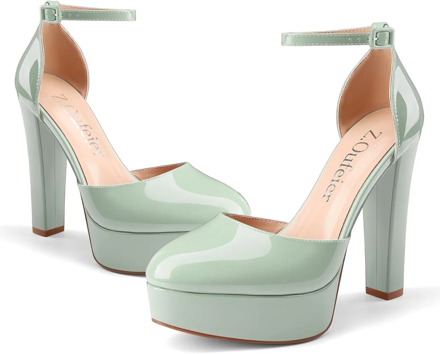 Z.Oufeier Womens Platform Chunky High Heels Patent Leather Buckle Closed Round Toe Ankle Strap Party Sexy Wedding Block High Heel Pumps Dress Shoes 5 Inch