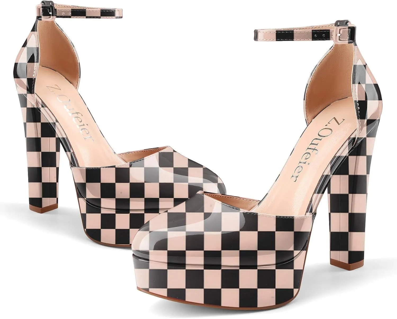 Z.Oufeier Womens Platform Chunky High Heels Patent Leather Buckle Closed Round Toe Ankle Strap Party Sexy Wedding Block High Heel Pumps Dress Shoes 5 Inch
