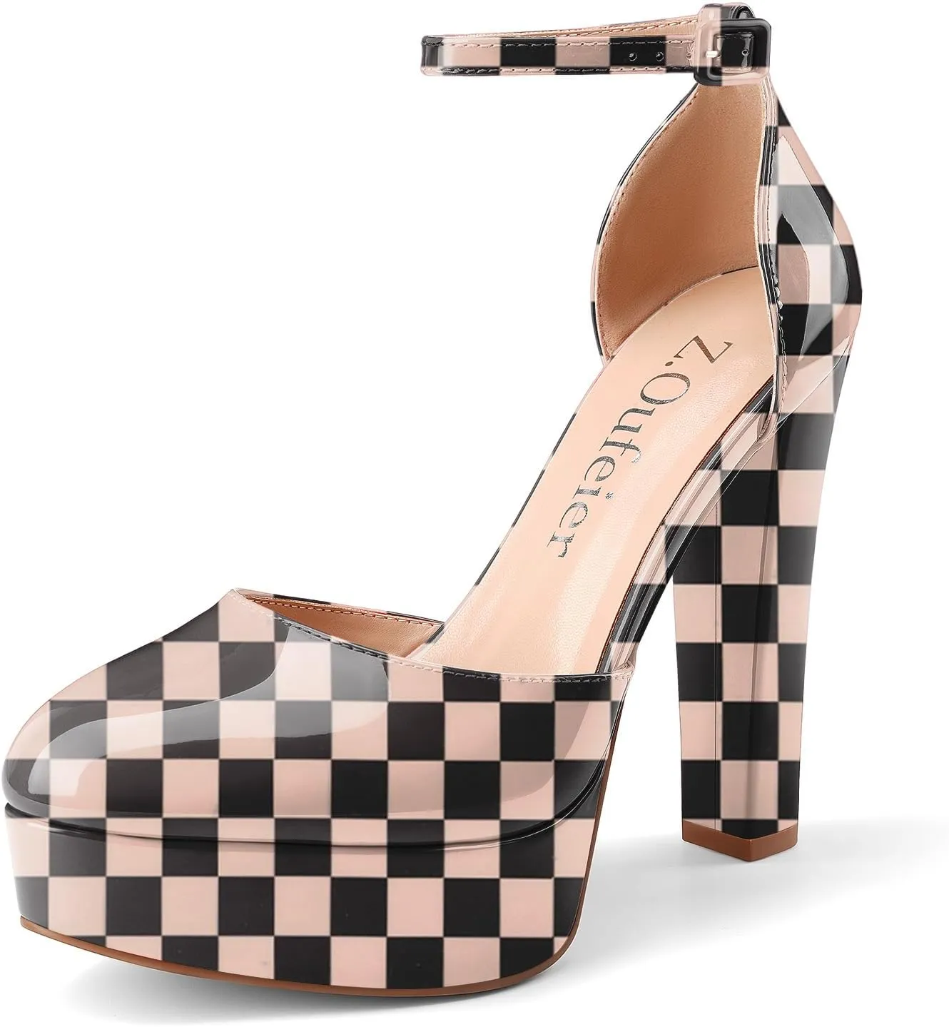 Z.Oufeier Womens Platform Chunky High Heels Patent Leather Buckle Closed Round Toe Ankle Strap Party Sexy Wedding Block High Heel Pumps Dress Shoes 5 Inch