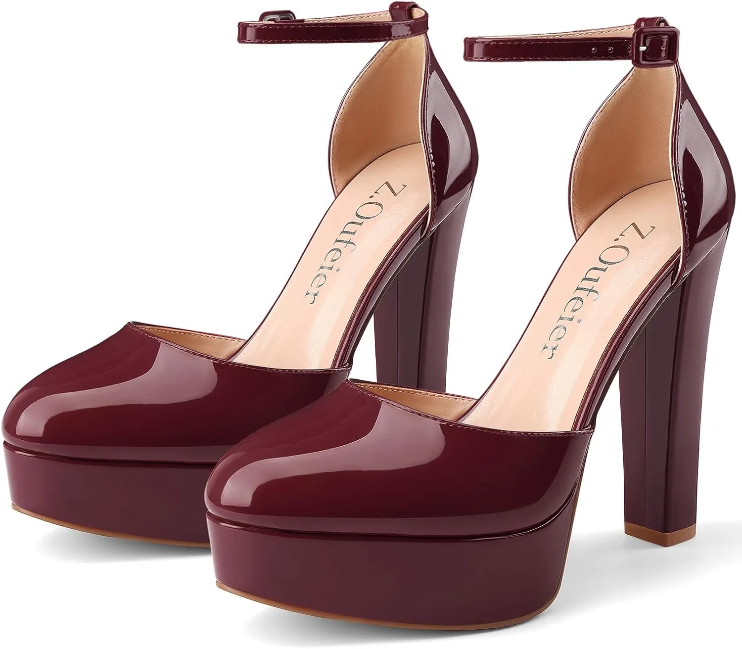 Z.Oufeier Womens Platform Chunky High Heels Patent Leather Buckle Closed Round Toe Ankle Strap Party Sexy Wedding Block High Heel Pumps Dress Shoes 5 Inch