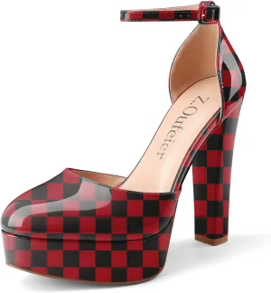 Z.Oufeier Womens Platform Chunky High Heels Patent Leather Buckle Closed Round Toe Ankle Strap Party Sexy Wedding Block High Heel Pumps Dress Shoes 5 Inch